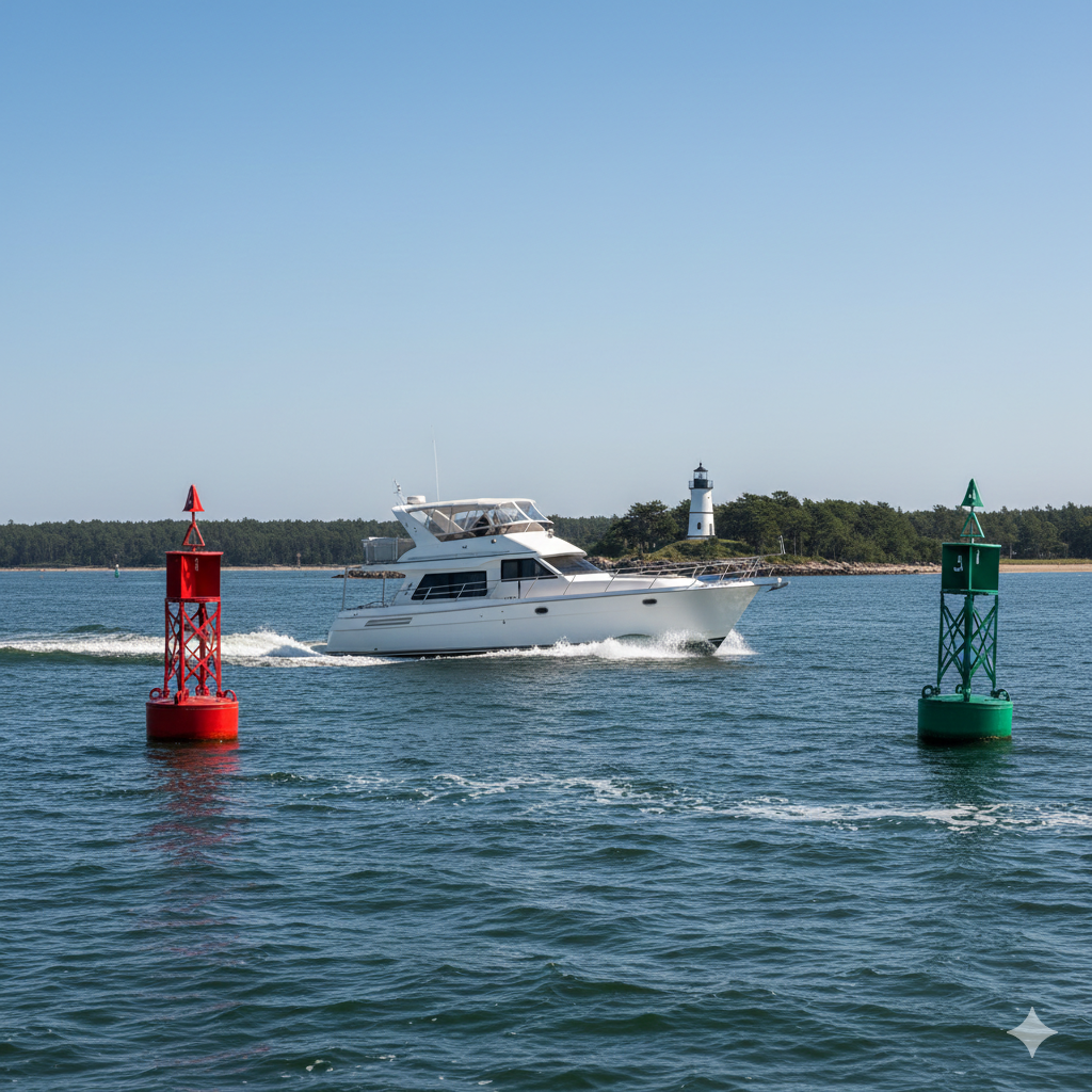 Embarcación navegando con balizamiento lateral y referencias visuales durante navegación costera